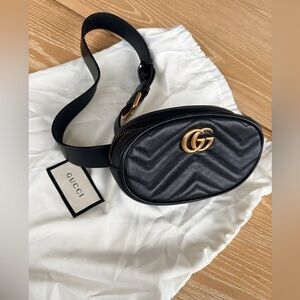 Gucci Black GG Marmont Chevron Mini Belt Bag with Gold Hardware